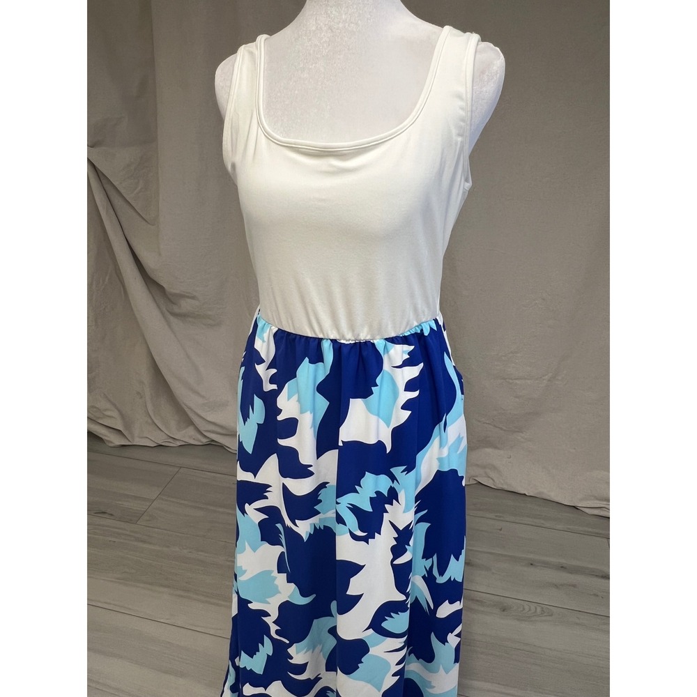 Boho Sleeveless Maxi Dress Abstract Print Blue White Sz M Coastal Nautical Flowy - Picture 2 of 6